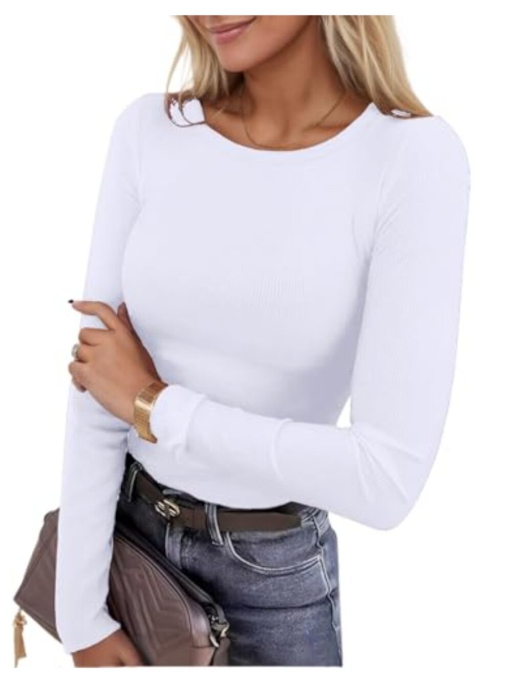 Womens Ribbed Knit Long Sleeve Crewneck Slim Fitted T-Shirt Top